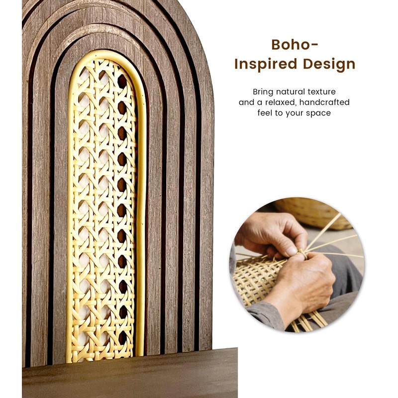 Wooden Arched Floating Shelf, Boho Rattan Wall Shelf