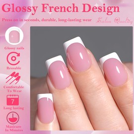 AddFavor French Tip Press on Nails Short Square Fake Nails - 160Pcs White French Tip Nails Press ons Nail Pink Acrylic Glue on False Nail Tips with Glue and Adhesive Tabs 16 Sizes