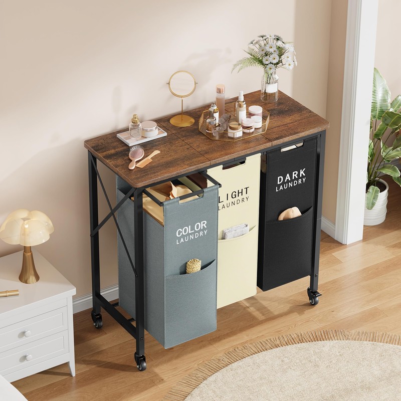 Gewudraw 3 Section Laundry Sorter with Ironing Board, Laundry Hamper