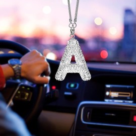 Initial Car Rear View Mirror Ornament Hanging Lucky Crystal Pendant Bling Car Accessories for Women Rhinestone Charm Auto Decoration (White A)