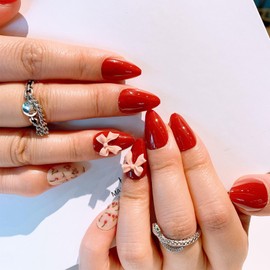 Short Almond Press on Nails Wine Red Full Cover False Nails with Bowknot Design Glossy with Cherry Design Acrylic Glue on Nails Removable Stick on Nails for Women Girls 30 Pcs