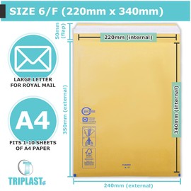 Triplast Gold Bubble Padded Envelopes - Pick Qty & Size: 20 x 6/F (220x340mm) A4 Envelopes - Large Letter Mailers with Bubble Wrap Lining and Peel & Seal Strip for Royal Mail Shipping & Postage