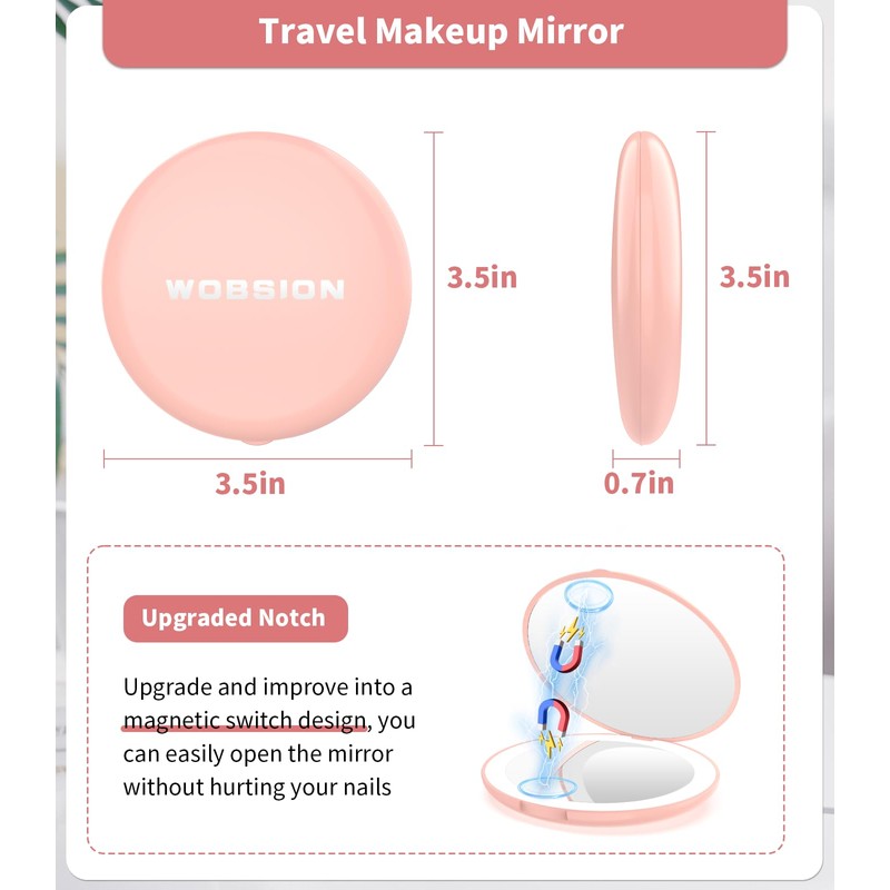 Wobsion Compact Travel Mirror - 1x/10x Magnification, Handheld 2-Sided, Perfect