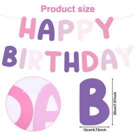 Purple Pink Happy Birthday Banner, Cute Pre-Strung Letter Banner Set Reusable Birthday Decor Supplies for Women Girls Boys