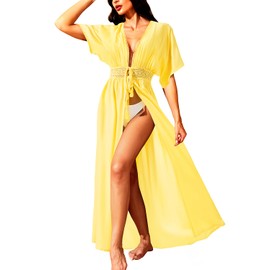 Long Swim Cover Up Women Yellow Cover Ups Swimwear Smock Bikini Cover Up Beach Sun-Proof Pure Color Coverups Cardigan