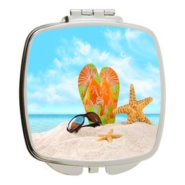 Island Gifting - 4 Inch Ceramic Tile Art - Orange Green Flip-Flops in The Sand with Starfish - Square Compact Mirror - Travel Mirror