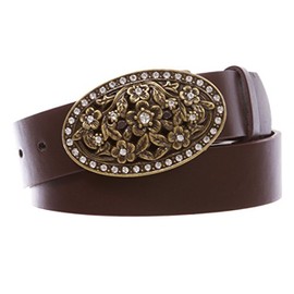1 1/2" Women's Snap On Belt With Oval Perforated Engraved Crystal Rhinestone Western Floral Buckle, Brown | m (33"~35" waist)