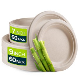 Hihomry 120 Count Compostable Paper Plates Set 7 Inch & 9 Inch, Disposable Paper Plate Heavy Duty for Dessert Dinner, Eco-Friendly Sugarcane Brown Camping Paper Plate Bulk