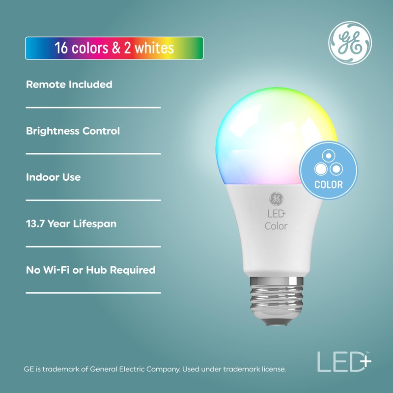 GE LED+ Color Changing LED Light Bulbs with Remote, No