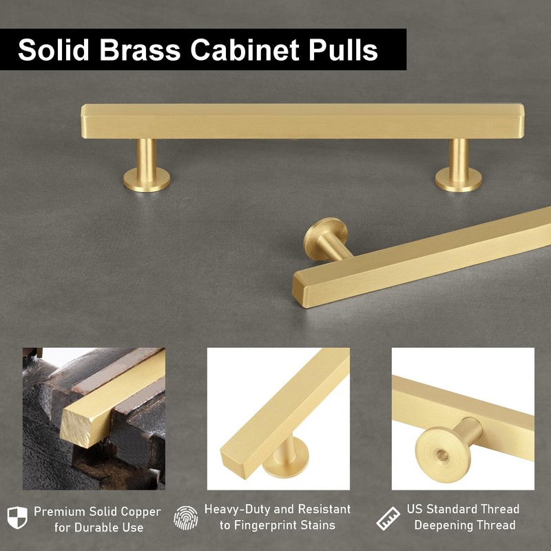 QOGRISUN 5-Pack Solid Brass Cabinet Knobs, Gold Square T Bar