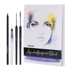 int!rend Watercolour Paper, 300 g, DIN A4, 30 Sheets, White, Glued, Watercolour Paper Pad, with Water Tank Brush and Two Brushes for Watercolour Drawing and Painting