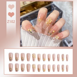 Press on Square Nails Medium Length Glossy Full Cover Acrylic False Nails with Floral Gems Tulip Designs Artificial Square Shaped Fake Nails with Charms Glue ons Fingernails for Women Girls