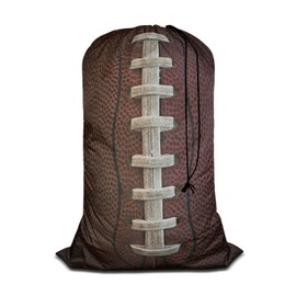 Swono American Football Laces Laundry Bag Large Heavy Duty Laundry Backpack with Adjustable Drawstring Closure Stitch Soccer Sports Laundry Hamper for Traveling Dirty Clothes Organizer, Brown
