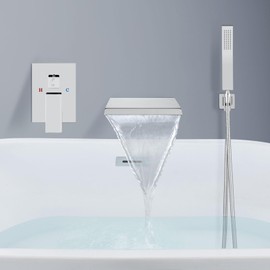 Aolemi Wall Mount Bathtub Faucet Bath Tub Faucet Set Waterfall Tub Filler with Handheld Sprayer Single Handle Solid Brass Rough-in Valve,with Bevel Angle Spout,Polish Chrome