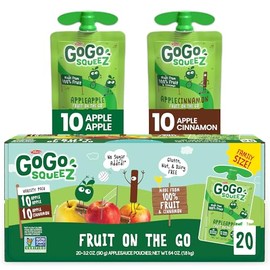 GoGo SqueeZ GoGo squeeZ Applesauce and Fruit Puree Variety Pack, Apple & Cinnamon, 3.2 oz (Pack of 20), Unsweetened Fruit Snacks for Kids, Gluten Free, Nut Free and Dairy Free, BPA Free Pouches