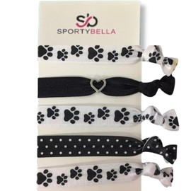 Sportybella Paw Print Hair Ties (Black/White)- Hair Accessories For Girls, Women, Teens & Kids. No Crease Elastic Hair Ties Set w/Paw Print Design. Ponytail Holders for Dog or Cat Lovers, 5pcs.