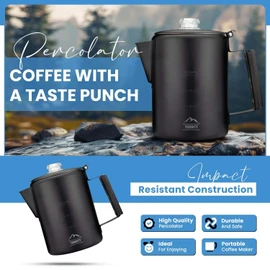 Toughty Yosemite Percolator Coffee Pot – Classic Stovetop Coffee Maker for Camping, Hiking & Home, Durable Stainless Steel Pot, Compatible with All Stovetops – Old-Fashioned 9-Cup Percolator, Black