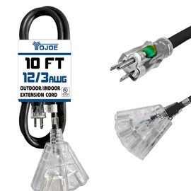 YOJOE 3-Outlets Indoor Outdoor Extension Cord with Lighted End, 3 Prong 15A Weatherproof Power Cord, 12 Gauge Heavy Duty 10 ft Black Extension Cord Multiple Outlets, 12/3 SJTW UL Listed