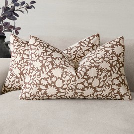 Foindtower Set of 2 Decorative Neutral Floral Lumbar Throw Pillow Covers Accent Farmhouse Cushion Covers Boho Vintage Pillowcase for Couch Sofa Bedroom Living Room Home Decor Outdoor,12×20 Inch,Brown