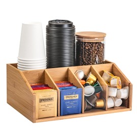 HUCINIUN Bamboo Coffee Station Organizer for Countertop, Coffee and Tea Condiment Organizer, Coffee Bar Accessories and Organizer for Coffee Pods, Creamer, Syrup, Cups