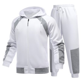 YOUTHUP Men's Tracksuit Set Hoodie Top Jogging Bottoms 2 Pieces Stretch Outfit Sweatsuit Casual Joggers Sports Suit, White, XL