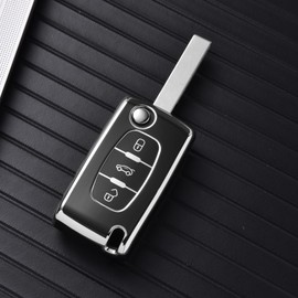 OATSBASF Car Key Case for Peugeot, Key Case Cover for Peugeot 207 307 308 407 408 3008 5008 Citroen C2 C3 C4 C5 C6 C8, Key Case Protective Accessory (3 Buttons Silver Edge Black)