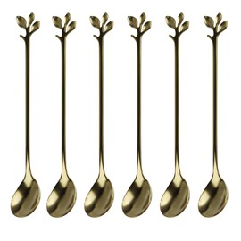 Runseaway 6PCS 6.5 Inch Leaf-Design Coffee Spoons, Long Handle Stainless Steel Stirring Spoons, Gold Teaspoons for Tea, Espresso, Ice Cream, Dessert, Cocktail
