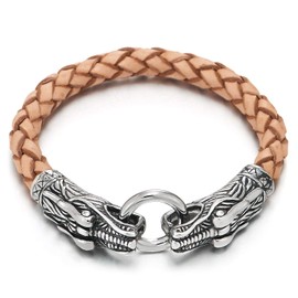 COOLSTEELANDBEYOND Mens Steel Dragon Bangle Bracelet Genuine Light Brown Braided Leather Wristband Silver Black Two-Tone