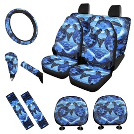 Cozeyat Heart Sea Turtle Car Seat Cover Sets for Women with Stretchy Steering Wheel Cover + Headrest Cover+ Seat Belt Cover+ Gear Shift Knob Cover+Handbrake Cover