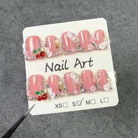 Handmade Press on Nails Medium Almond Fake Nails Nude Summer 3D False Nails Luxury Rhinestone Cherry Glitter Cute Flower Full Cover Stick on Nails Acrylic Nails for Women Girls (Rhinestone Cherry M)