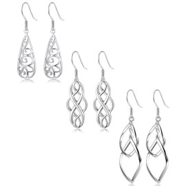 KALVICA 3 Pairs Silver Earrings for Women Girl Long Hanging Earrings Celtic Knot Hollow Drop Earrings Filigree Twist Earrings Women Gift, Stainless Steel