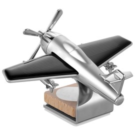 CALLARON Airplane Car Diffuser, Solar Rotatable Aircraft Decoration, Airplane Car Freshener with Wood Base, Unscented Rotating Alloy Ornament, Silver, 3.93inch for Car, Office, Home