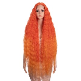 Style Icon 41" Lace Front Wigs Long Wavy Synthetic Wigs with Baby Hair Half Hand Tied 130% Density Wigs (41", T-RED/ORANGE)