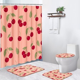 Boewywh 4 Pcs Bathroom Sets with Shower Curtain and Rugs, Cute Red Cherry Fruit, Bath Decor Summer Cherries Green Leaf Shower Curtain Sets for Bathroom Decor with 12 Hooks