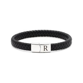 TOLOWOBK Leather Bracelet Men's Bracelet with Letters Stainless Steel Engraving A-Z Letter Bracelet Men Black Braided Leather Bracelets with Magnetic Closure Easter Birthday Gifts for Men, Leather, No