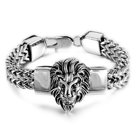 Mens Silver Bracelet Polishing Stainless Steel Heavy 12mm Double Franco Chain Lion Head Bracelet Men. (Silver and Blackened)