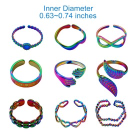 Ornaland 9 Pcs 9 Styles Rainbow Color Cuff Rings Set for Women Hand Hollow Heart Moon Knuckle Open Rings Adjustable Stackable Finger Rings Jewelry Gifts