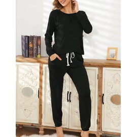 Zilcremo Women Two Piece Outfits Pajamas Set Long Sleeve Pullover Tops and Long Pants Sweatsuits Tracksuits Black XL