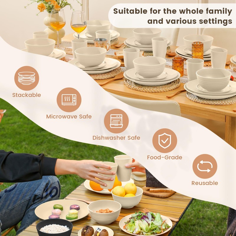 Homienly 40 PCS Dinnerware Set Service for 8, Kitchen Wheat