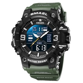 Men's Analog Digital Outdoor Sports Watches Military Tactics Multi Function Watch LED Electronic Large Dual Display Watch Army Luminous Waterproof Wrsitwatch (Army Green)