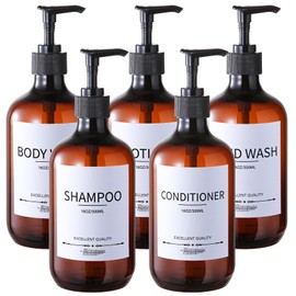Stylish Shampoo Bottles Refillable with Pump,(5Pack) Amber Shampoo and Conditioner Dispenser,Shampoo Bottles with 8pcs Lables