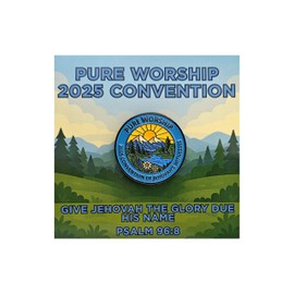 Pure Worship 2025 Convention Enamel Pin – Jehovah’s Witnesses Badge with Scenic Design – Psalm 96:8 Scripture Theme Souvenir