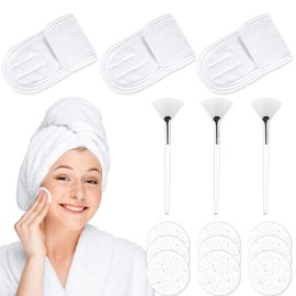 3 Pieces Mask Brush Face Set Fan Brush Cosmetic 3 Pieces Cosmetic Hair Band Velcro Terry Cloth Hair Band 9 Pieces Compressed Face Sponges Reusable for Face Treatments