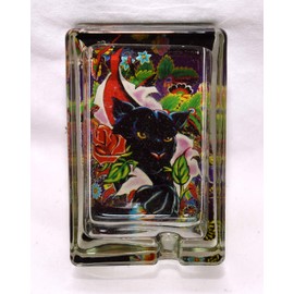 Ashtray New 3.5" Solid Glass Tattoo Art Black Panther with Colorful Floral Backgrounds Decorative (6 Panther Laying in Rose Flower)