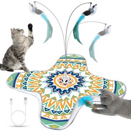 Temracha Interactive Cat Toy, Rechargeable Cat Toys for Indoor Cats, Automatic Cats Chasing Toy, Hide & Seek, 2 Modes, Self-Holding Suction Base, 3-in-1 Feather Toys with 1 Teaser Pole, 4 Replacements