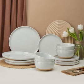 12 Pieces Farmhouse Stoneware Dinnerware Sets, Speckled Ceramic Plates and Bowls Set, Matte Terracotta Underside Ceramic Dishes Set for 4, Scratch Resistant Microwave & Dishwasher Safe(Glacier White)