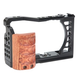 Camera Cage for Sony A7C Camera, Vlogging Video Shooting Stabilizer Cage Frame with Wooden Handle Grip, with 1/4in & 3/8in Screw Hole and Cold Shoe Base, Arca Swiss Mounts