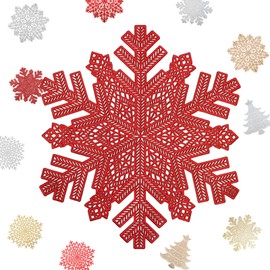 MORAINJAY 2pk Christmas PVC Placemats,Xmas Red Snowflake Place Mats for Dining Table,38cm Round Vinyl Hollow Table Mats Waterproof Oil Non-Slip Washable Heat for Kitchen Wedding Christmas Decor(C)