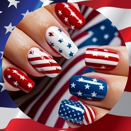 Independence Day Press on Nails Short Square Fake Nails with USA Flag Designs Holiday 4th of July False Nails Stars Patriotic Acrylic Nails Full Cover Glue on Nails Star Stick on Nails for Women 24Pcs