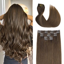 Sindra Clip-In Real Hair Extensions, Brown, Real Human Hair, Remy Clip-In Hair Extensions, Natural, 35 cm, 6 Pieces, 120 g, C#4, 14 Inches